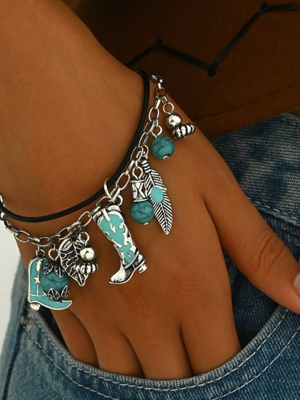 Western Cowgirl Turquoise Boot & Feather Charm Bracelet